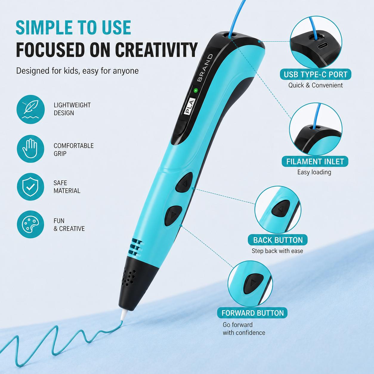 Clog-Free 3D Printing Pen Kit for Kids - Lightweight Ergonomic 3D Drawing Pen with One-Click Unload, Creative STEM Arts & Crafts Gift for Boys & Girls Ages 5-12